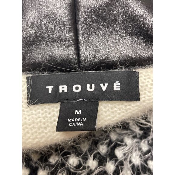 Trouve White Black Angora Faux Leather Trim Cardigan Sweater Women's Size Medium - Picture 7 of 9